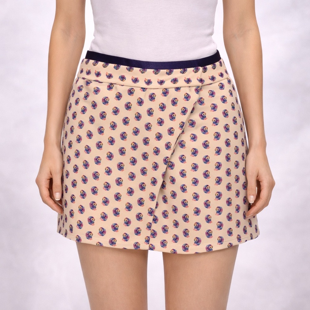 Rachel Roy Cream Printed Skort Purple Waistband A-Line Silhouette